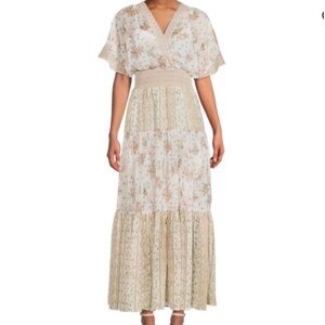 Floral V-Neck Maxi Dress in Cream and Green